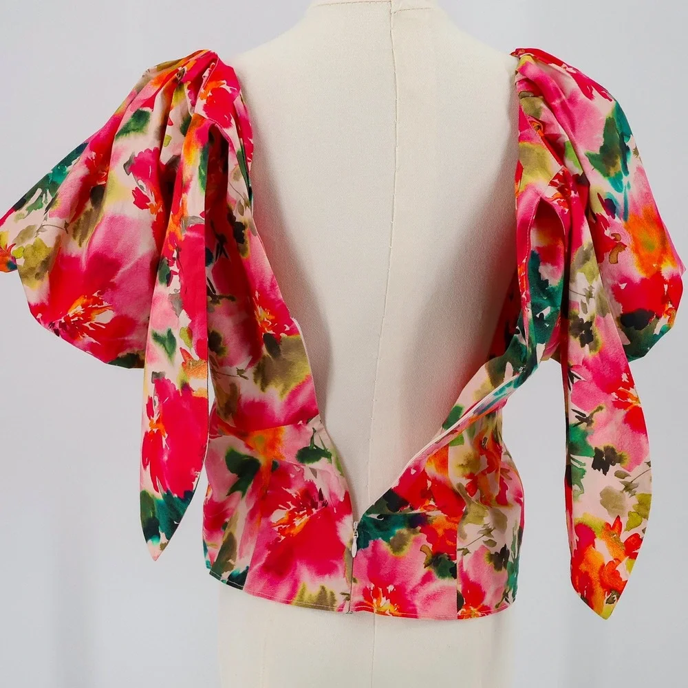 J. Crew Puff Sleeve Top Womens Floral V-Neck Bow Back Size 6 Pink Made in India